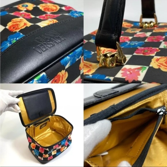 GIANNI VERSACE Medusa Vanity Bag Floral Checker Nylon & Leather Vintage RARE - Picture 7 of 10